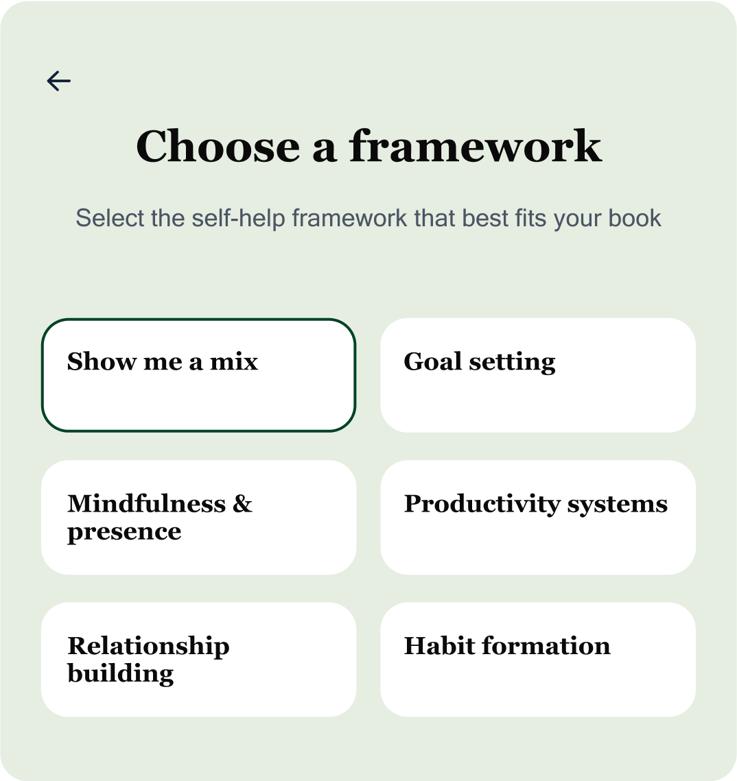 Book framework selection